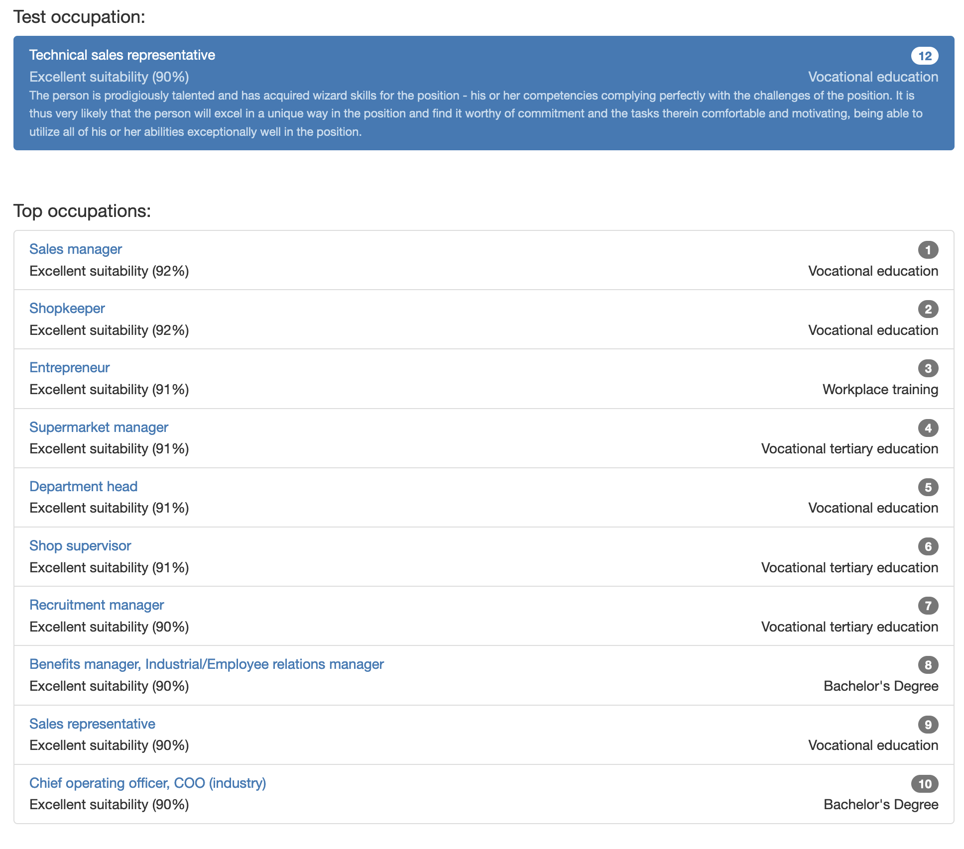 Screenshot Of Mindfindr Occupations List